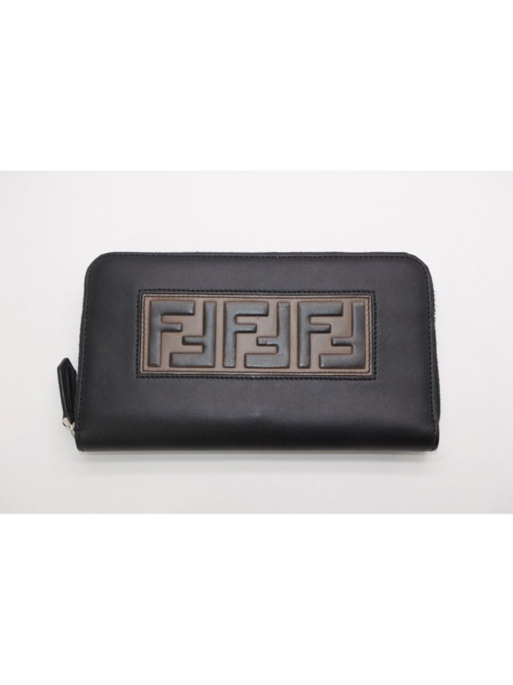 Fendi FF Logo Round Zip Wallet Leather Black Brown Silver